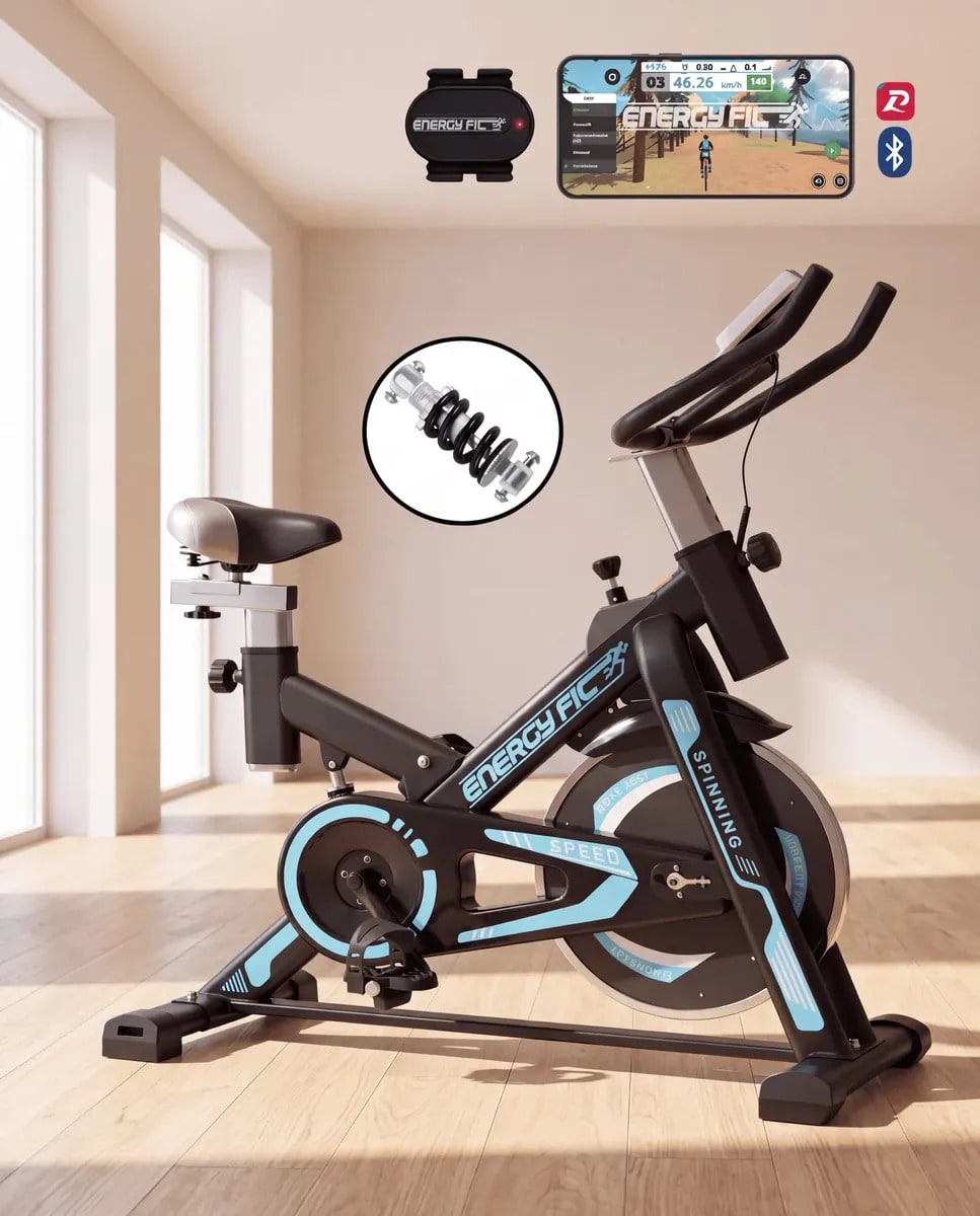 Bicicleta Spinning Shock Rider Profesional Con Amortiguador 30 Kgs y App Bluetooth Energy Fit